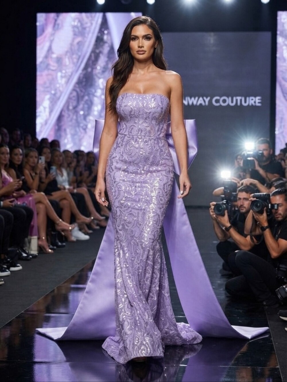 Lilac Purple, , Strapless,  Big Bow, Contrast Sequined Mermaid Maxi Gown